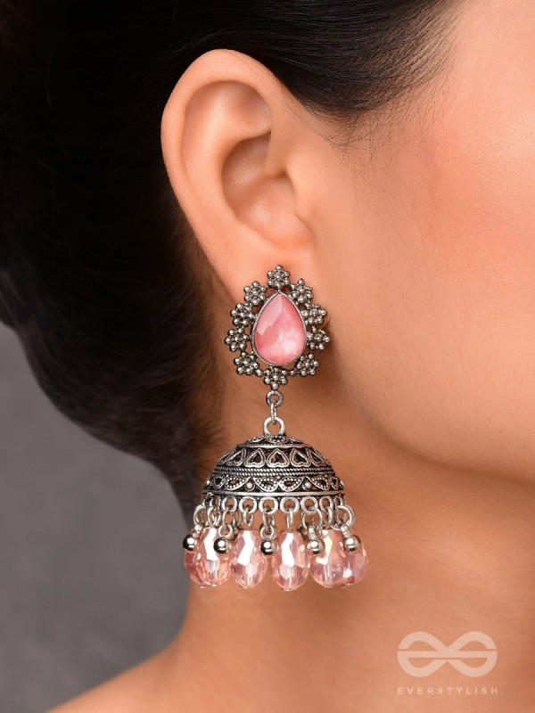 A CORAL CRUSH - EMBELLISHED OXIDISED JHUMKA EARRINGS