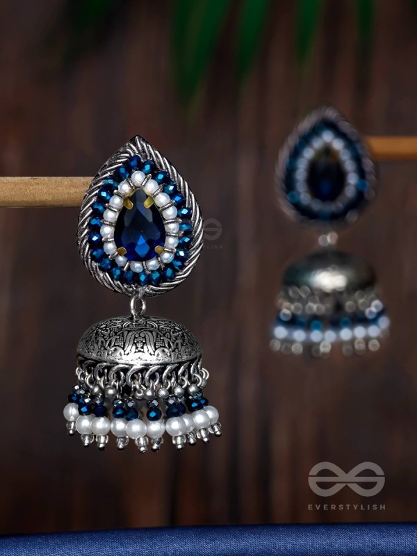 Ratryata - The Midnight Sapphire - Stone And Beads Hand Embroidered Oxidised Jhumka Earrings