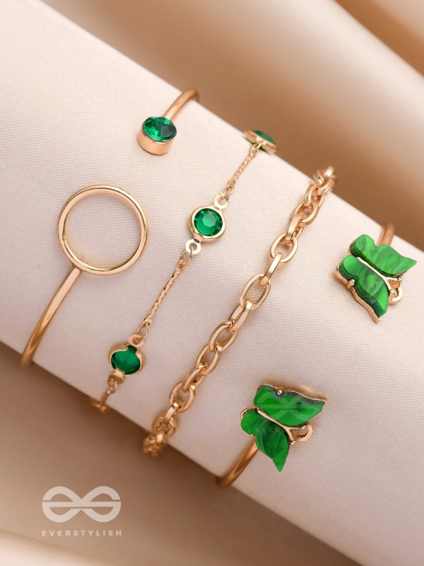 WINGS OF DELIGHT - SET OF 4 GOLDEN & GREEN BRACELETS