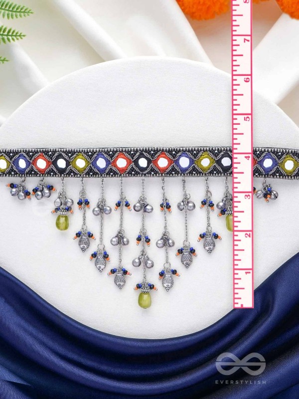 NEELHARINI - FOREST BLOOM - Mirror, Beads And Fish Charms Hand Embroidered Oxidised Neckpiece