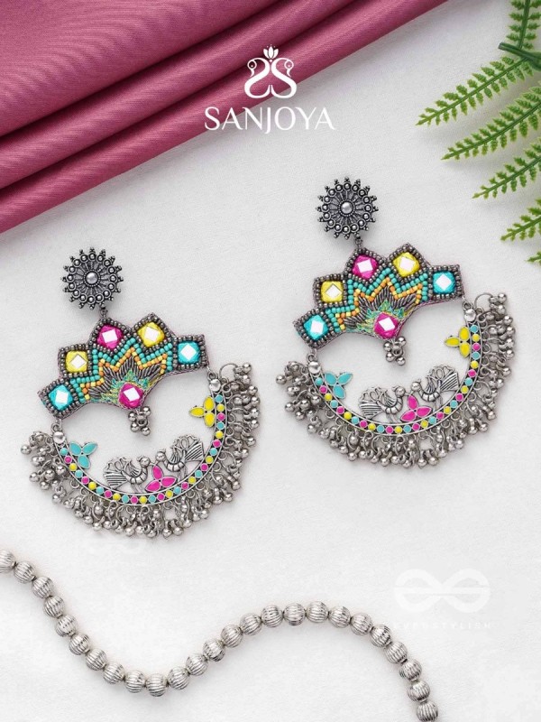 Shrichinmaya - The Eternal Beauty - Mirrors, Beads And Resham Hand Embroidered Oxidised Earrings