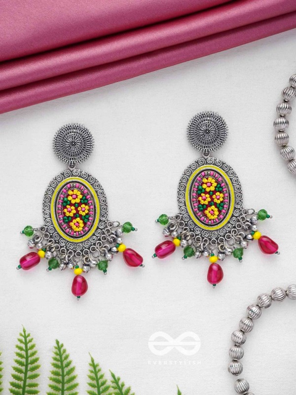 MISHRAKA - GARDEN OF PARADISE - RESHAM AND BEADS EMBROIDERED AND OXIDISED EARRINGS
