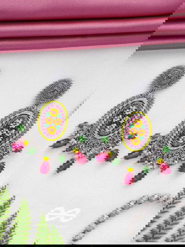 MISHRAKA - GARDEN OF PARADISE - RESHAM AND BEADS EMBROIDERED AND OXIDISED EARRINGS