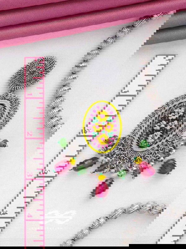 MISHRAKA - GARDEN OF PARADISE - RESHAM AND BEADS EMBROIDERED AND OXIDISED EARRINGS