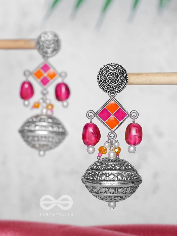 THE PINK MIRAGE - EMBELLISHED OXIDISED JHUMKA EARRINGS