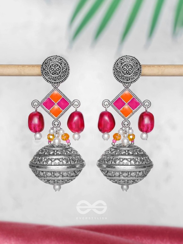 THE PINK MIRAGE - EMBELLISHED OXIDISED JHUMKA EARRINGS