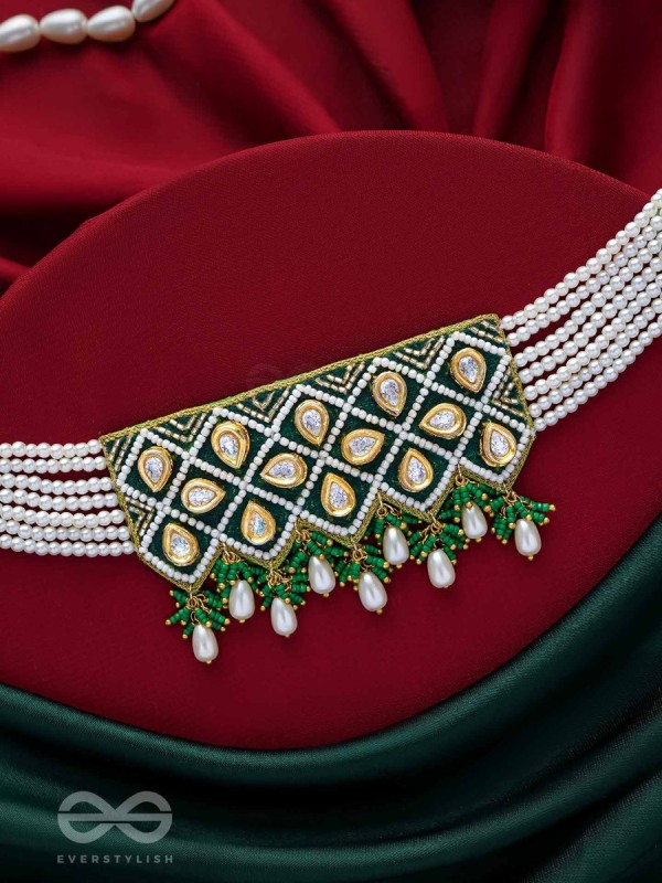 Ardrata- The Emerald Finesse- Beads, Pearl Drops, Polki And Kundan Finished Hand Embroidered Choker Neckpiece