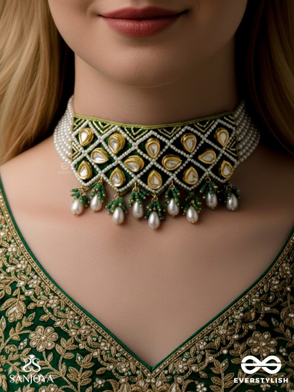 Ardrata- The Emerald Finesse- Beads, Pearl Drops, Polki And Kundan Finished Hand Embroidered Choker Neckpiece
