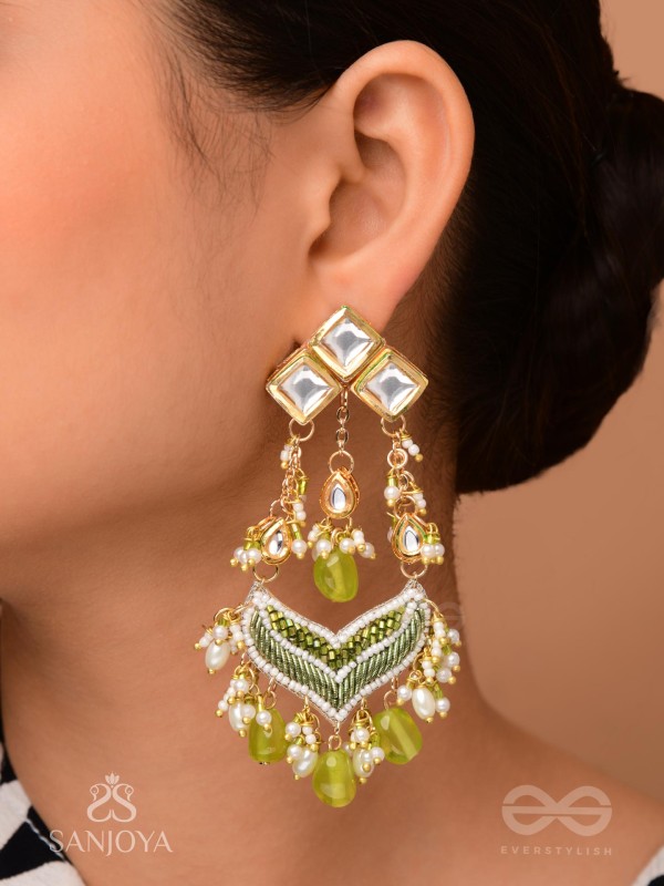 Saratas -  Mystic Mints - Beads, Polki And Kundan Finished Hand Embroidered Earrings
