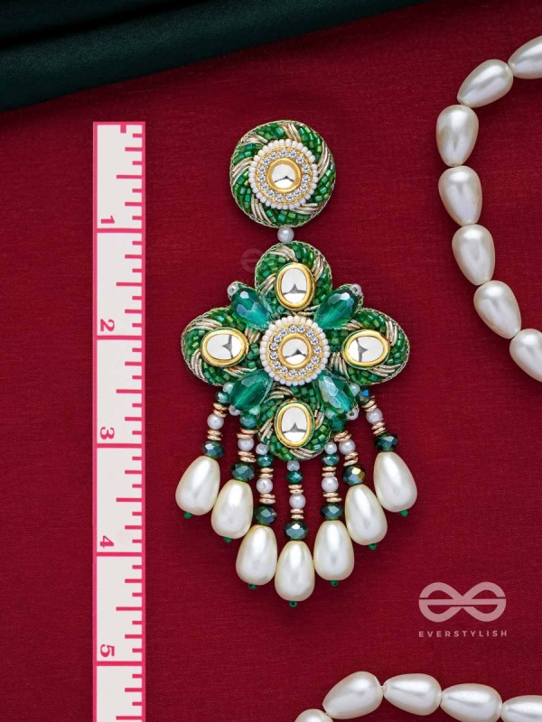 Anutva - The Royal Embrace - Pearls, Beads, Cutdana, Polki And Kundan Finished Hand Embroidered Earrings 