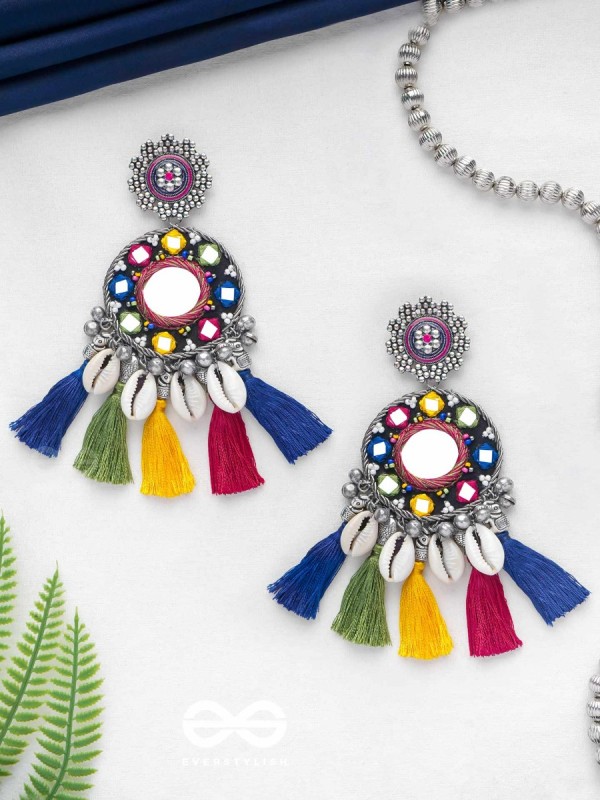 MANOHARAAKARA - THE ENCHANTING SHADES - MIRROR, BEADS AND SHELL EMBROIDERED AND OXIDISED EARRINGS