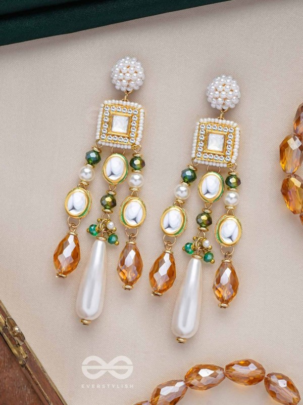 Karidant - The Ivory Elegance - Beads, Polki And Kundan Finished Hand Embroidered Earrings