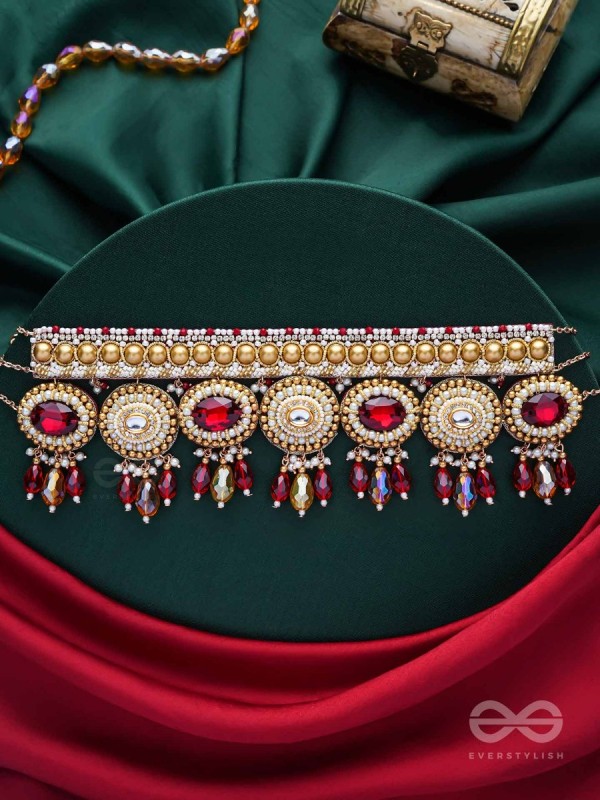 Ratula - The Crimson Majesty - Stones, Beads And Glass Drops Embroidered Necklace