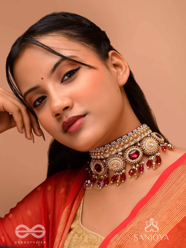 Ratula - The Crimson Majesty - Stones, Beads And Glass Drops Embroidered Necklace