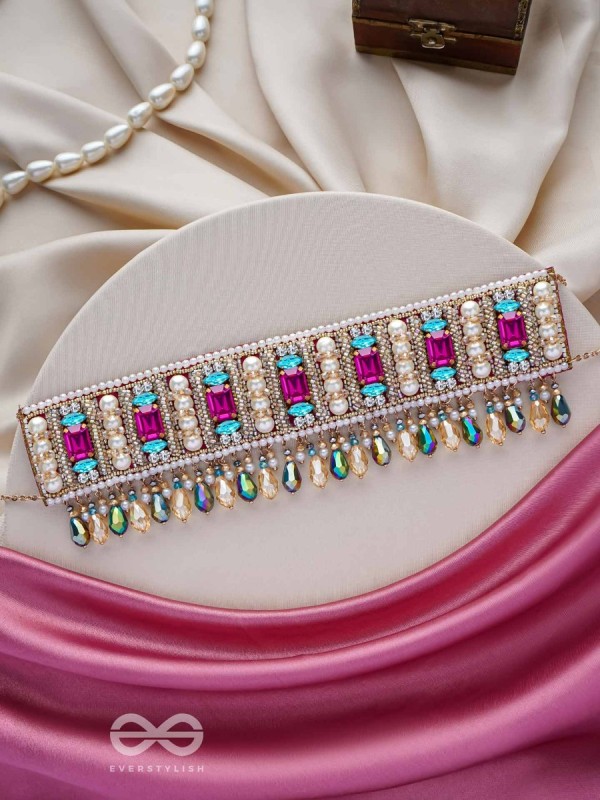 Karika - Prismatic Allure - Stones, Beads And Glass Drops Hand Embroidered Neckpiece