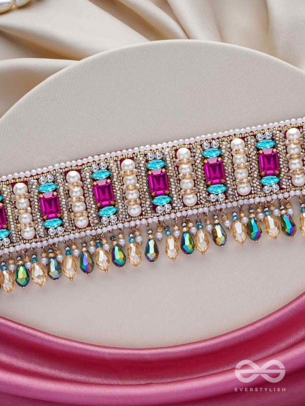 Karika - Prismatic Allure - Stones, Beads And Glass Drops Hand Embroidered Neckpiece