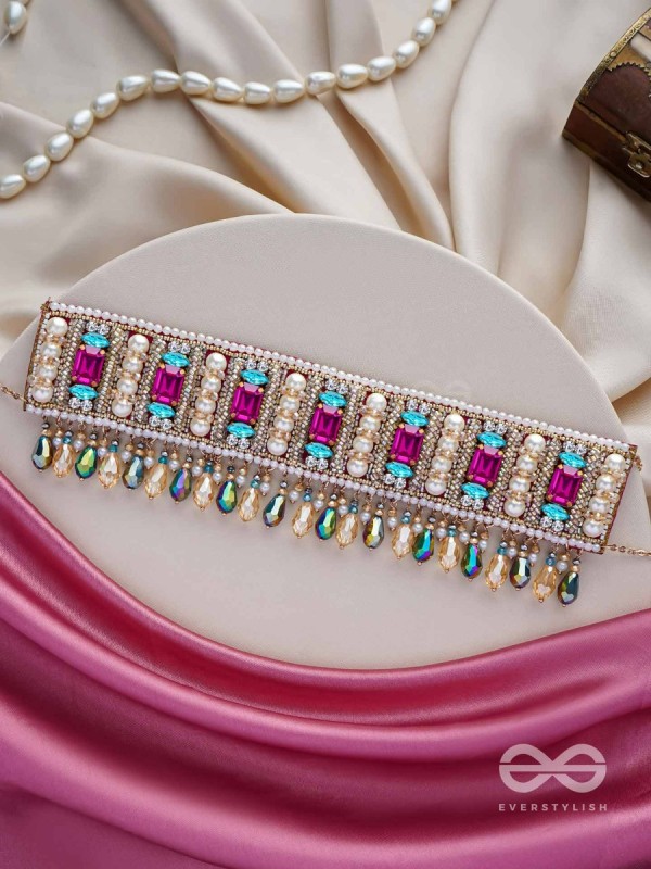 Karika - Prismatic Allure - Stones, Beads And Glass Drops Hand Embroidered Neckpiece