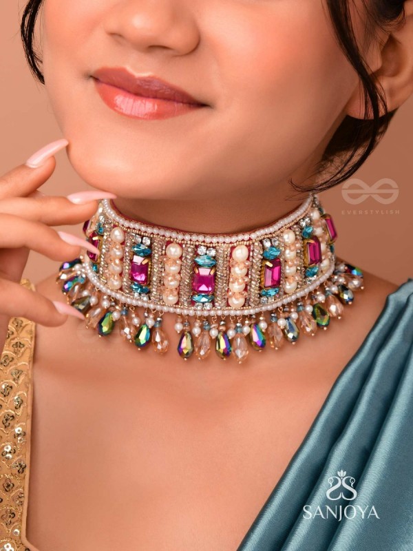 Karika - Prismatic Allure - Stones, Beads And Glass Drops Hand Embroidered Neckpiece