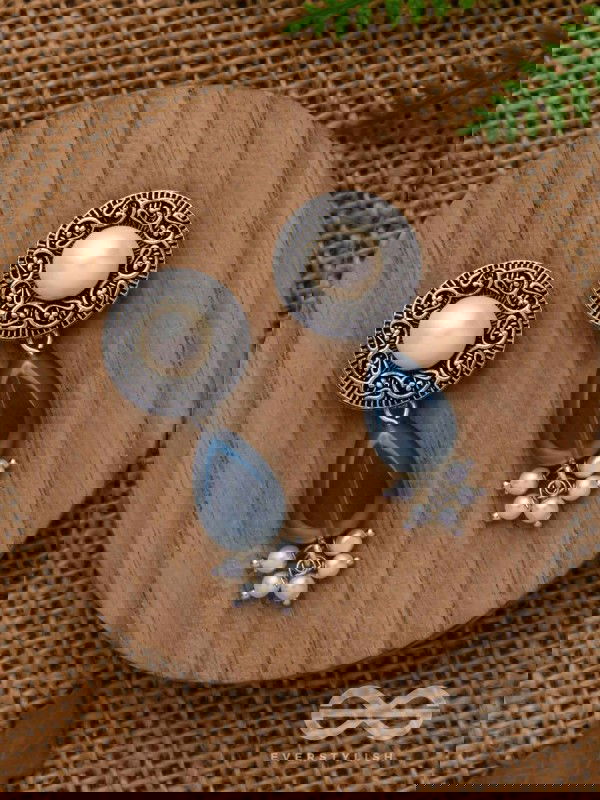 Marine Moonstone - Oxidised Pearl Jhumka Earring 