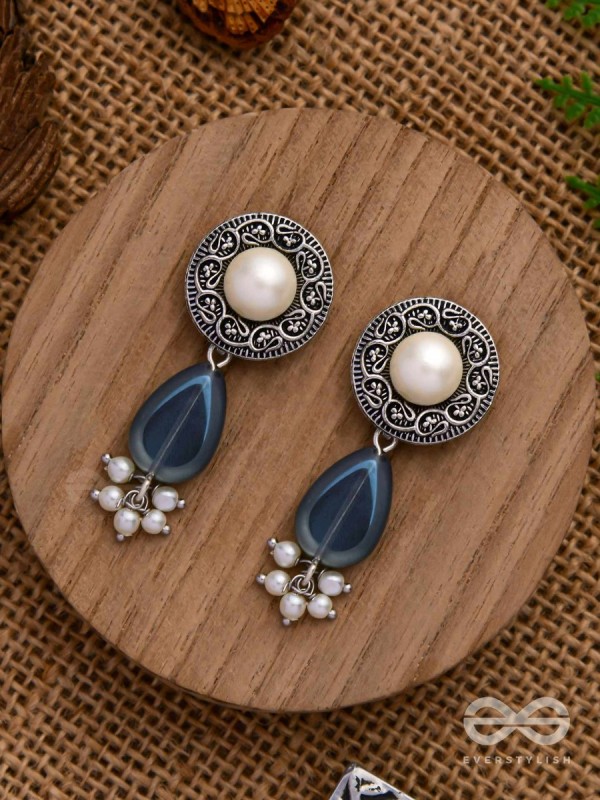 Marine Moonstone - Oxidised Pearl Jhumka Earring 