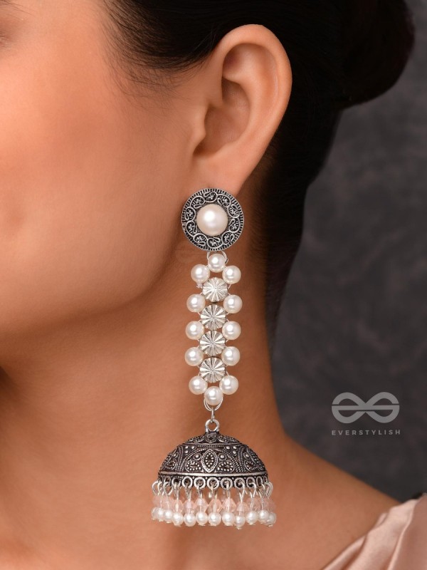 Twirling Pearl Dreamland - Oxidised Jhumka Earrings