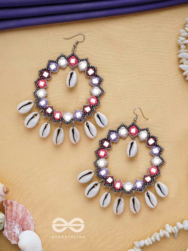 Drumalaya - Magical Sea Shells - Mirror And Shells Hand Embroidered Earrings