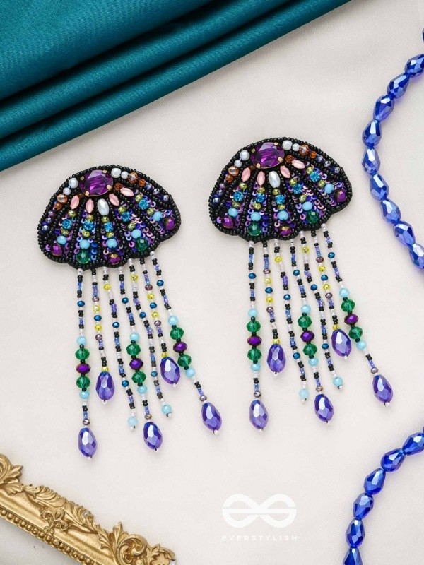 Mrdika - The Vibrant Fish - Stone, Beads And Sequins Hand Embroidered Earrings