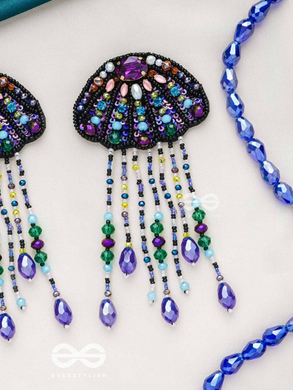 Mrdika - The Vibrant Fish - Stone, Beads And Sequins Hand Embroidered Earrings