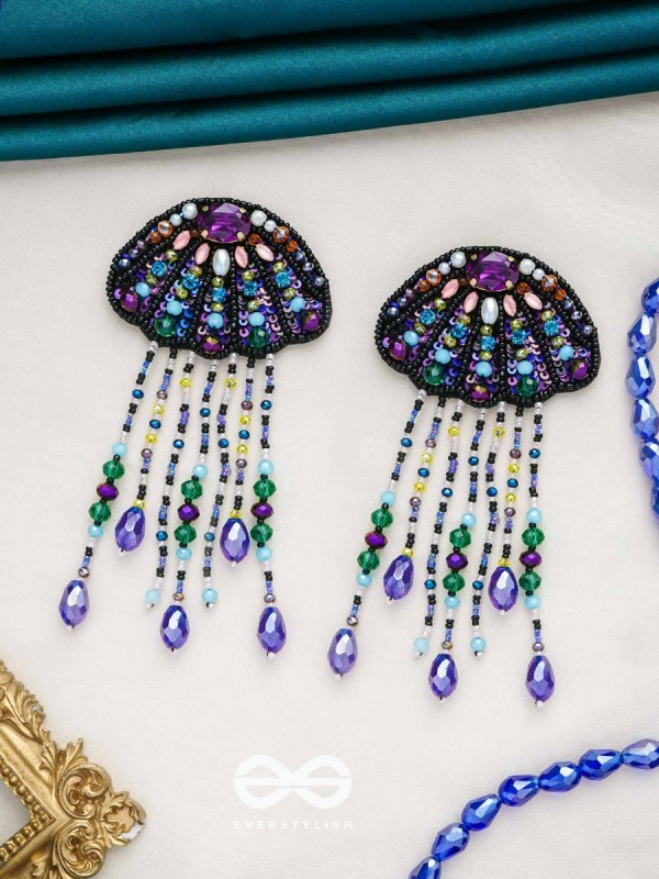 Mrdika - The Vibrant Fish - Stone, Beads And Sequins Hand Embroidered Earrings