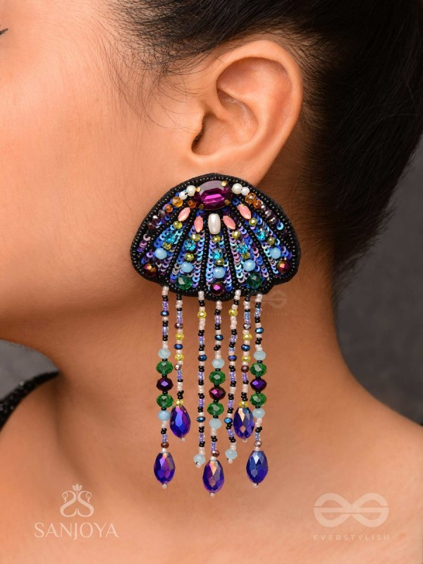 Mrdika - The Vibrant Fish - Stone, Beads And Sequins Hand Embroidered Earrings