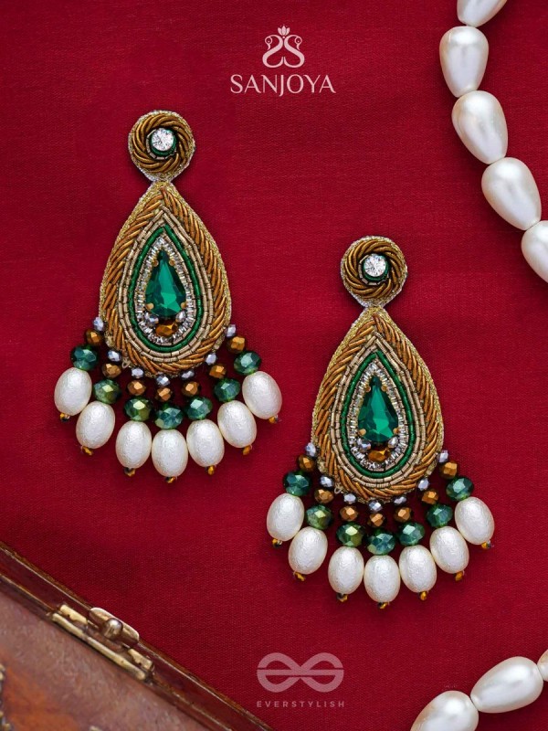 Haritparna - Green Leaved - Stone, Cutdana And Beads Hand Embroidered Earrings