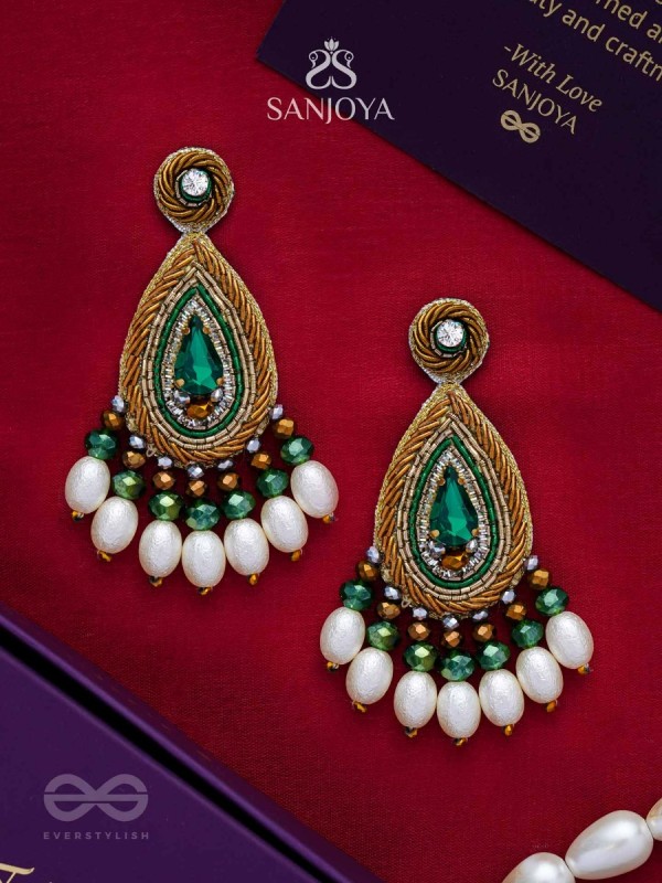 Haritparna - Green Leaved - Stone, Cutdana And Beads Hand Embroidered Earrings