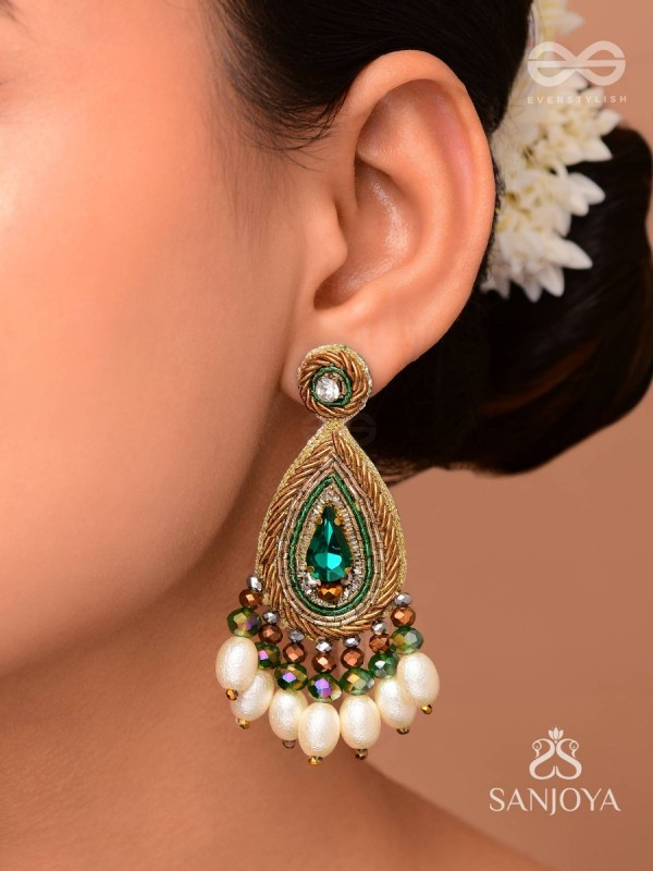 Haritparna - Green Leaved - Stone, Cutdana And Beads Hand Embroidered Earrings
