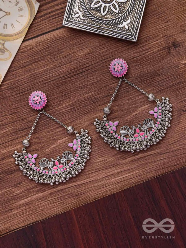 Mystical Peacocks In Lavender - Enamelled Oxidised Earrings