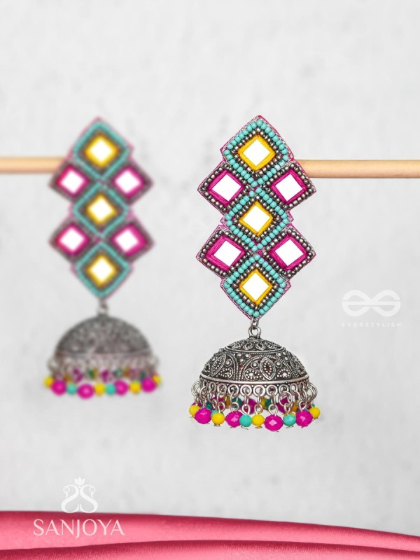 Vasantak - The Vibrant Kites- Mirrors, Resham And Beads Hand Embroidered Oxidised Jhumka Earrings