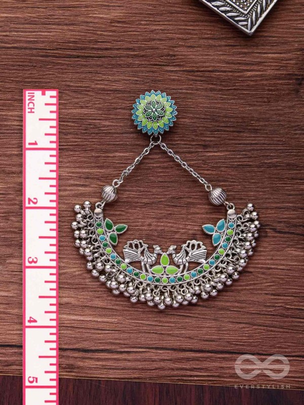 Mystical Peacocks In Sea Green - Enamelled Oxidised Earrings