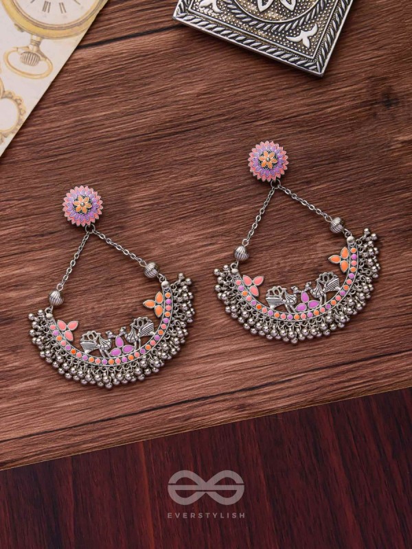 Mystical Peacocks In Coral - Enamelled Oxidised Earrings