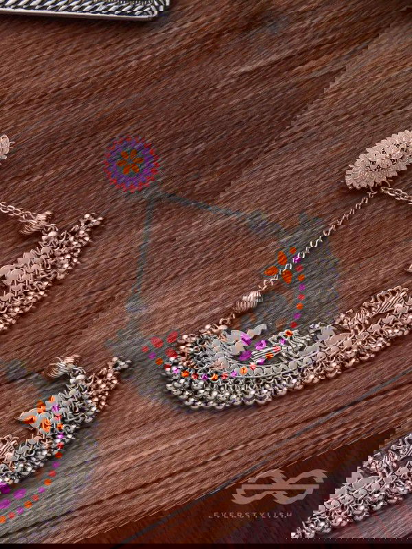 Mystical Peacocks In Coral - Enamelled Oxidised Earrings