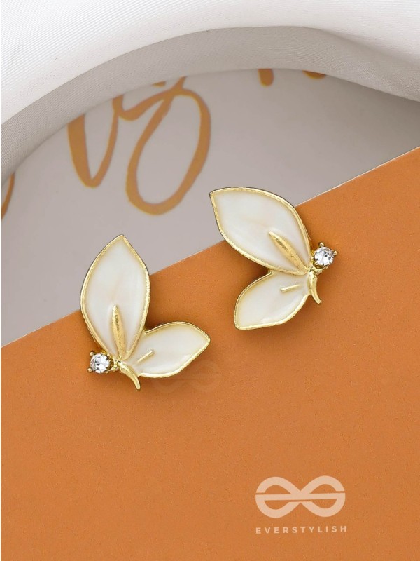 FLY AWAY WITH ME - GOLDEN AND WHITE EMBELLISHED STUD EARRINGS