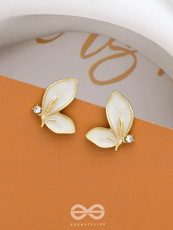 FLY AWAY WITH ME - GOLDEN AND WHITE EMBELLISHED STUD EARRINGS