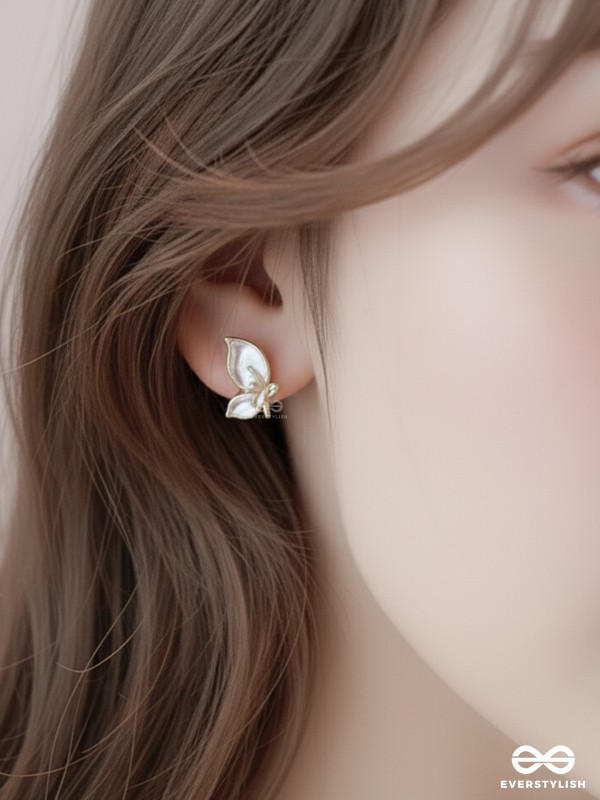 FLY AWAY WITH ME - GOLDEN AND WHITE EMBELLISHED STUD EARRINGS