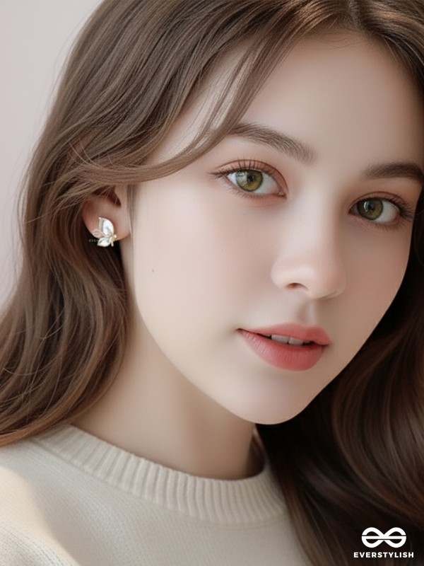 FLY AWAY WITH ME - GOLDEN AND WHITE EMBELLISHED STUD EARRINGS