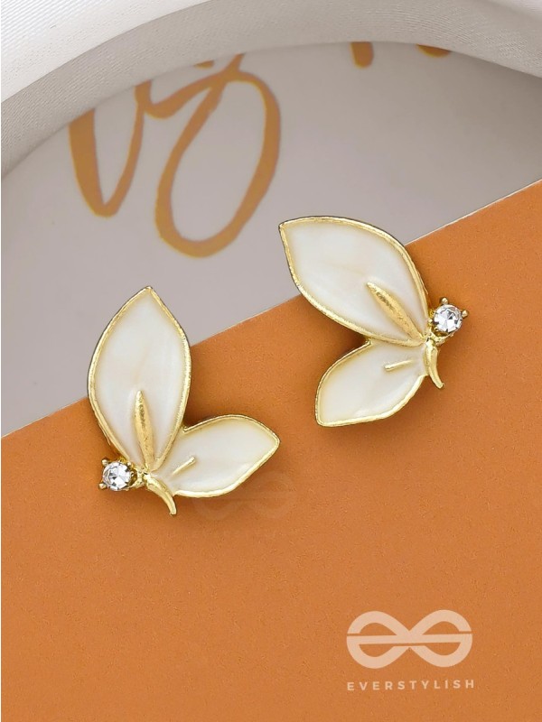 FLY AWAY WITH ME - GOLDEN AND WHITE EMBELLISHED STUD EARRINGS