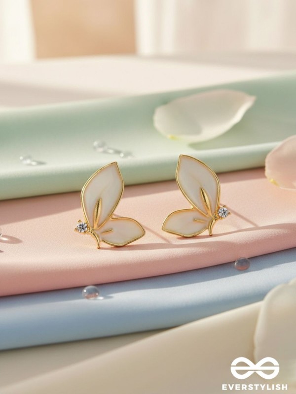 FLY AWAY WITH ME - GOLDEN AND WHITE EMBELLISHED STUD EARRINGS