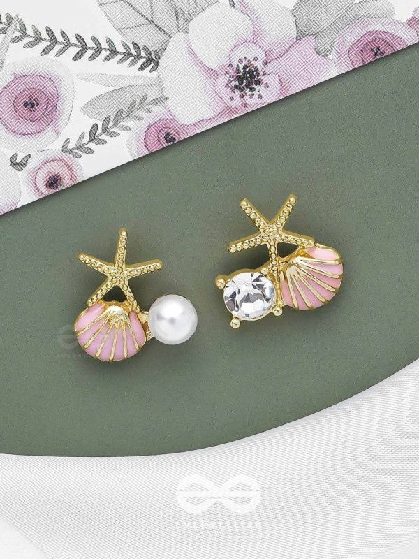 STARFISH & SEASHELL WISHES - GOLDEN AND PINK EMBELLISHED STUD EARRINGS
