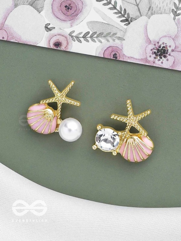 STARFISH & SEASHELL WISHES - GOLDEN AND PINK EMBELLISHED STUD EARRINGS