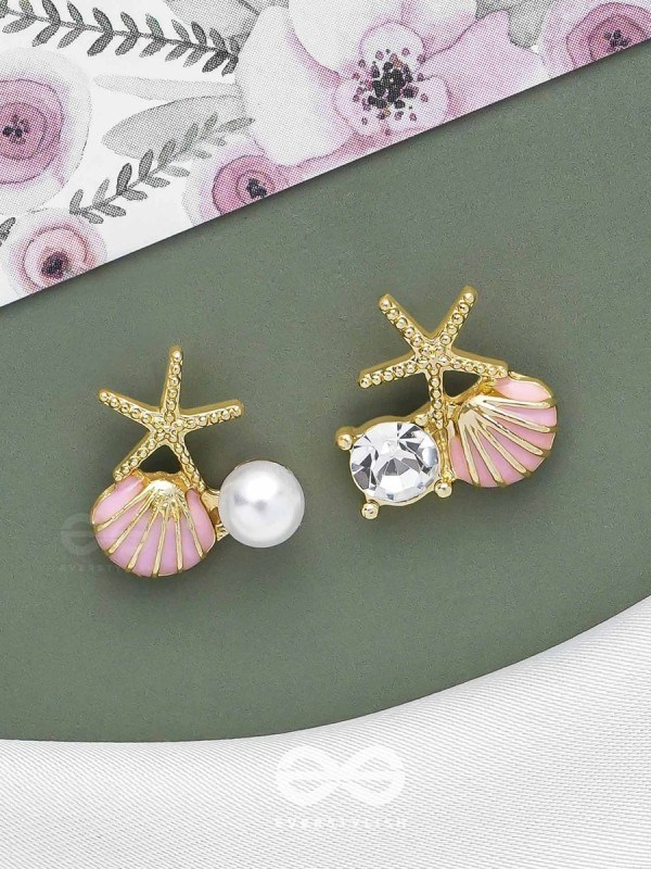 STARFISH & SEASHELL WISHES - GOLDEN AND PINK EMBELLISHED STUD EARRINGS