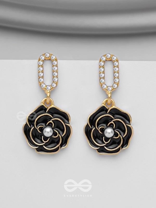 THE MIDNIGHT ROSE - GOLDEN AND BLACK EMBELLISHED EARRINGS