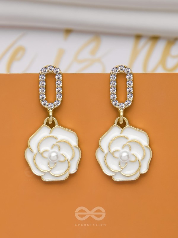 THE MIDNIGHT ROSE - GOLDEN AND WHITE EMBELLISHED EARRINGS