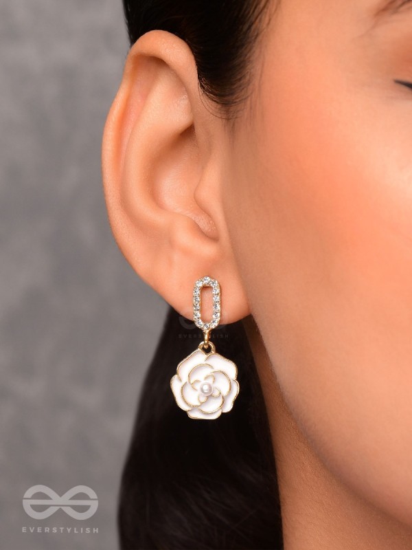 THE MIDNIGHT ROSE - GOLDEN AND WHITE EMBELLISHED EARRINGS